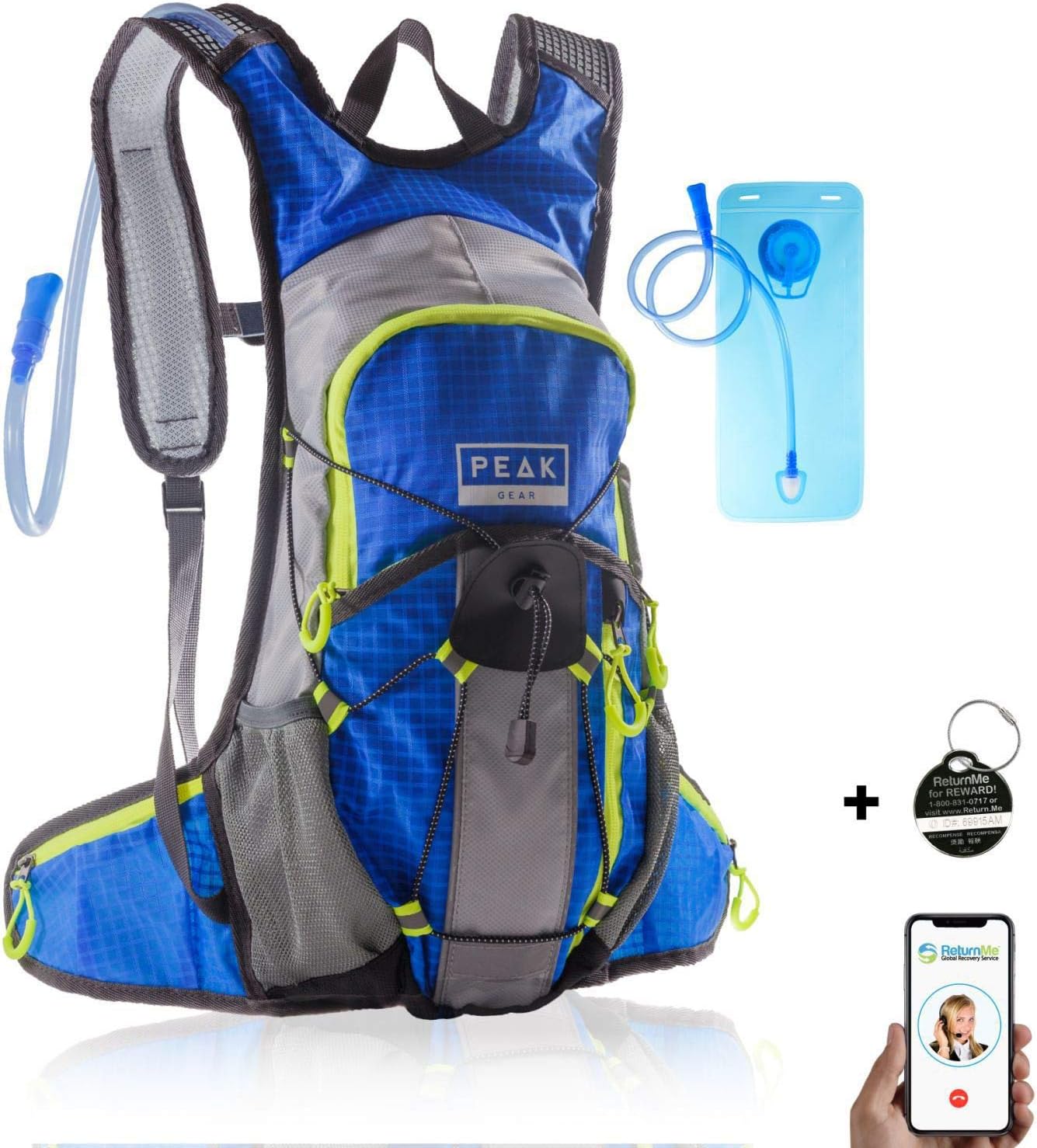 Peak Gear Hydration Backpack - BPA-Free Bladder, 2L Water Pack - Includes Lifetime Lost & Found ID