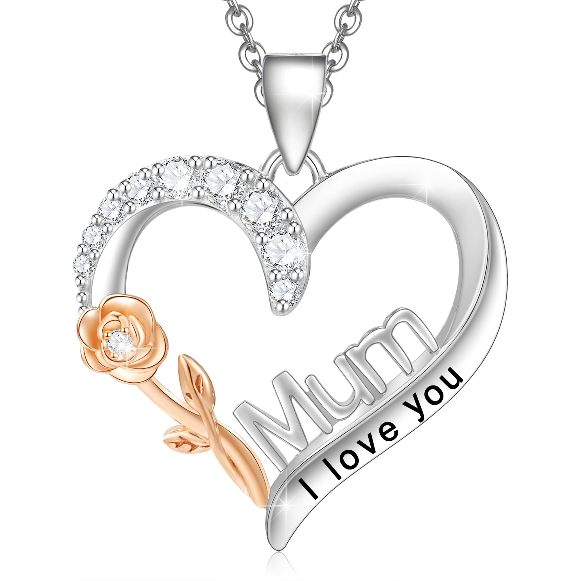 ENGRAWELRY Women's Necklace Engraved Mum I love you 925 Sterling Silver Heart Rose Pendant with Crystal Jewellery Original Gift for Christmas Mother's Day Birthday