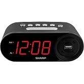 Sharp Digital Alarm Clock with 2A USB Charging and Red LED Display | 2A high-speed USB port; Easy-read green LEDs; Simple controls; Phone or tablet charging; Black
