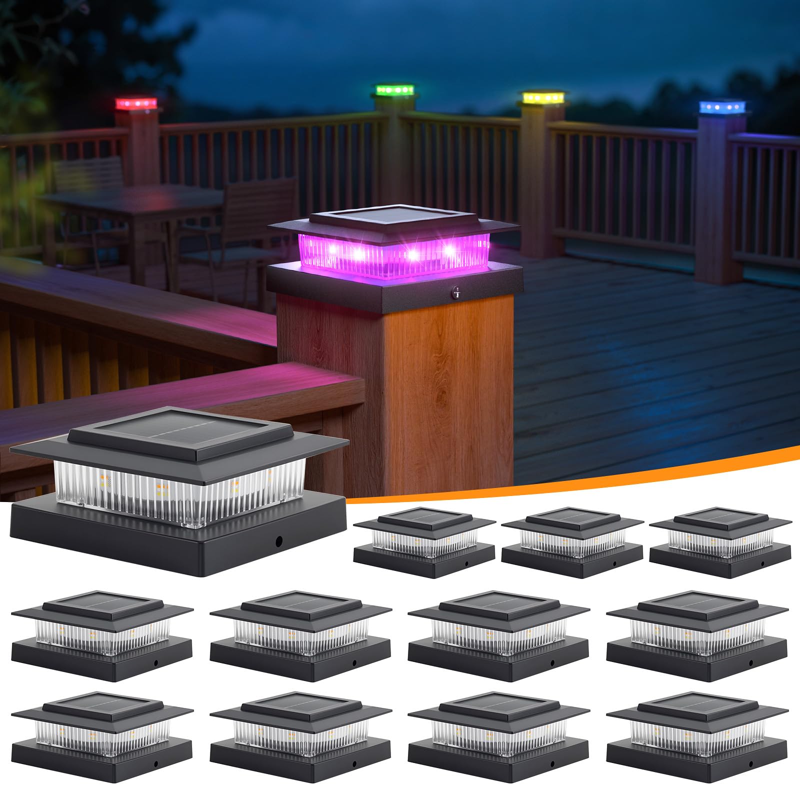 Photo 1 of APONUO 12 Pack Solar Post Cap Lights RGB Color Changing - 8 Solid Colors & Flowing Multicolor, IP65 Waterproof for 4x4 Wood/Vinyl Posts, Auto On/Off Deck Fence Patio Garden Lighting, Black