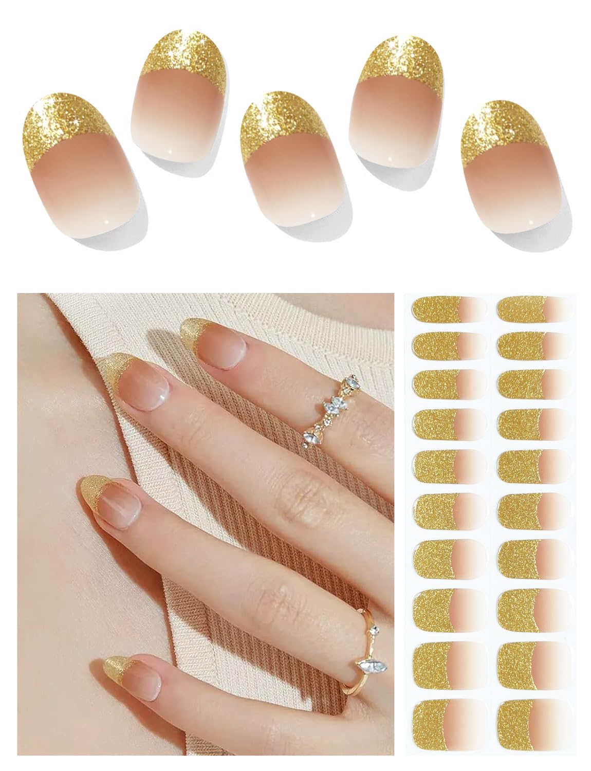AutyaMee Semi Cured Gel Nail Strips (Glitter French Tip), Gold, 20 Pcs Gel Nail Wraps, Stickers, UV Light Required, Salon Quality, Long Lasting