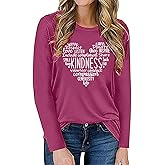 ALUS Women's Long Sleeve Graphic Shirts Kindness Print Crew Neck Pullover Tops Fall Shirts