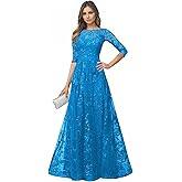 DLWPSC Lace Mother of The Bride Dresses 3/4 Sleeve Sequin Scoop Neck A Line Formal Evening Gowns