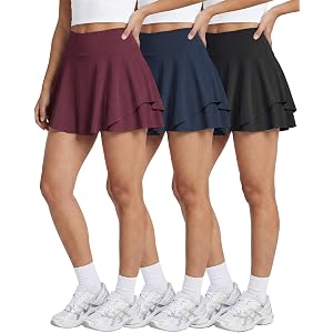 Real Essentials 3 Pack: Women's 14" Layered Ruffle Flowy Tennis Golf Skorts Pockets Pleated Mini Skirt Athletic Liner Shorts