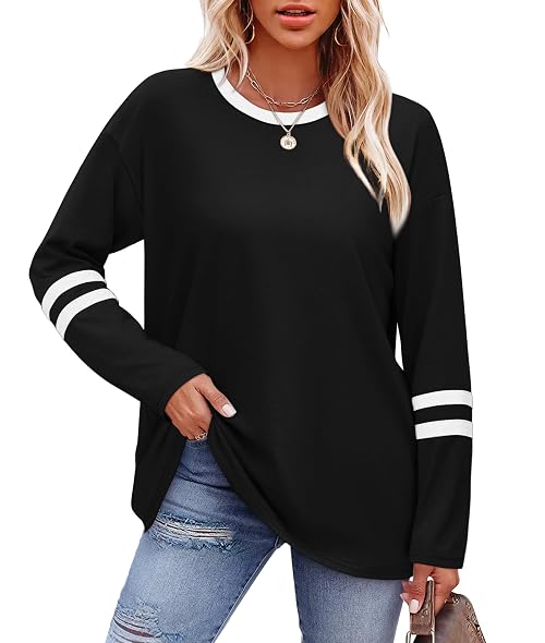 Aokosor Sweatshirts for Women Long Sleeve Tops Striped Colour Block Crew Neck Tunic Shirts Black Size 6-8