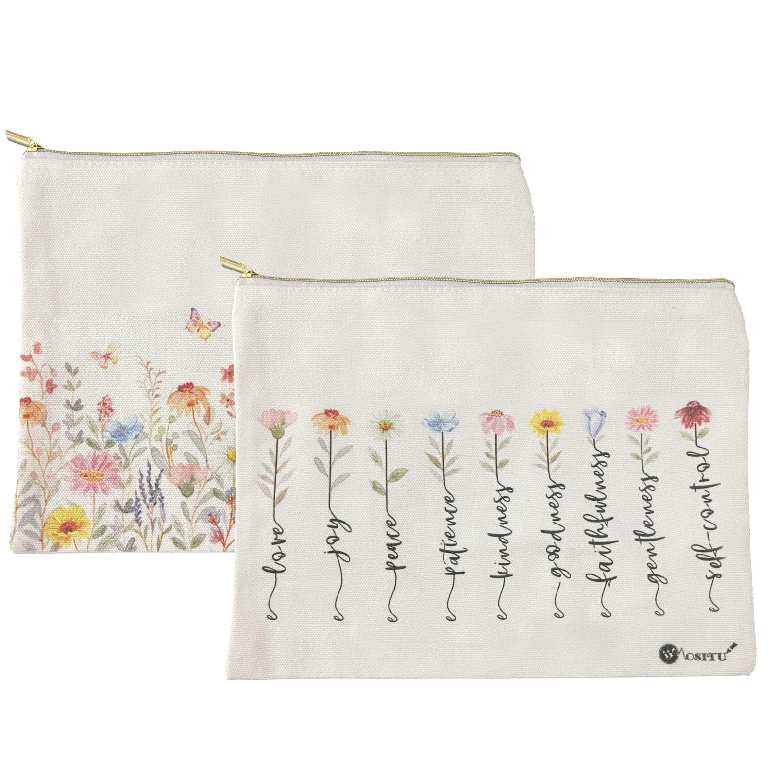 MOSITU 2 Pack Canvas Makeup Bags for Travel Floral Cosmetic Organizer Large Capacity Toiletry Pouch with Zipper for Women Toiletries Storage