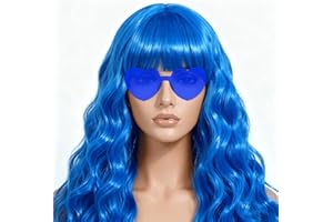 FSLLZCJY Long Curly Wave Wig with Heart Sunglasses and Hair Cap – Set of 3 | Colorful Colored Party Wigs Funny Costume Hairpieces for Halloween Cosplay (Blue)