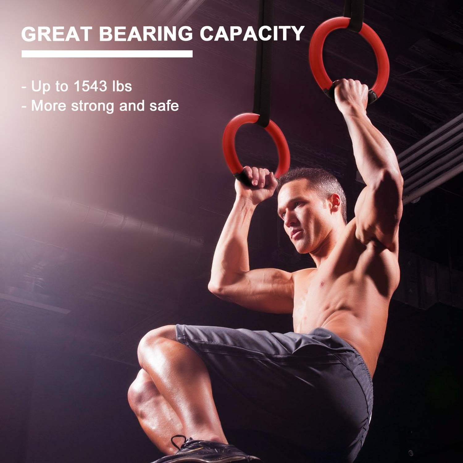 Gymnastic Rings 1100lbs Capacity with 14.76ft Adjustable Buckle Straps Pull Up Exercise Rings Non-Slip Rings for Home Gym Full Body Workout (Red)
