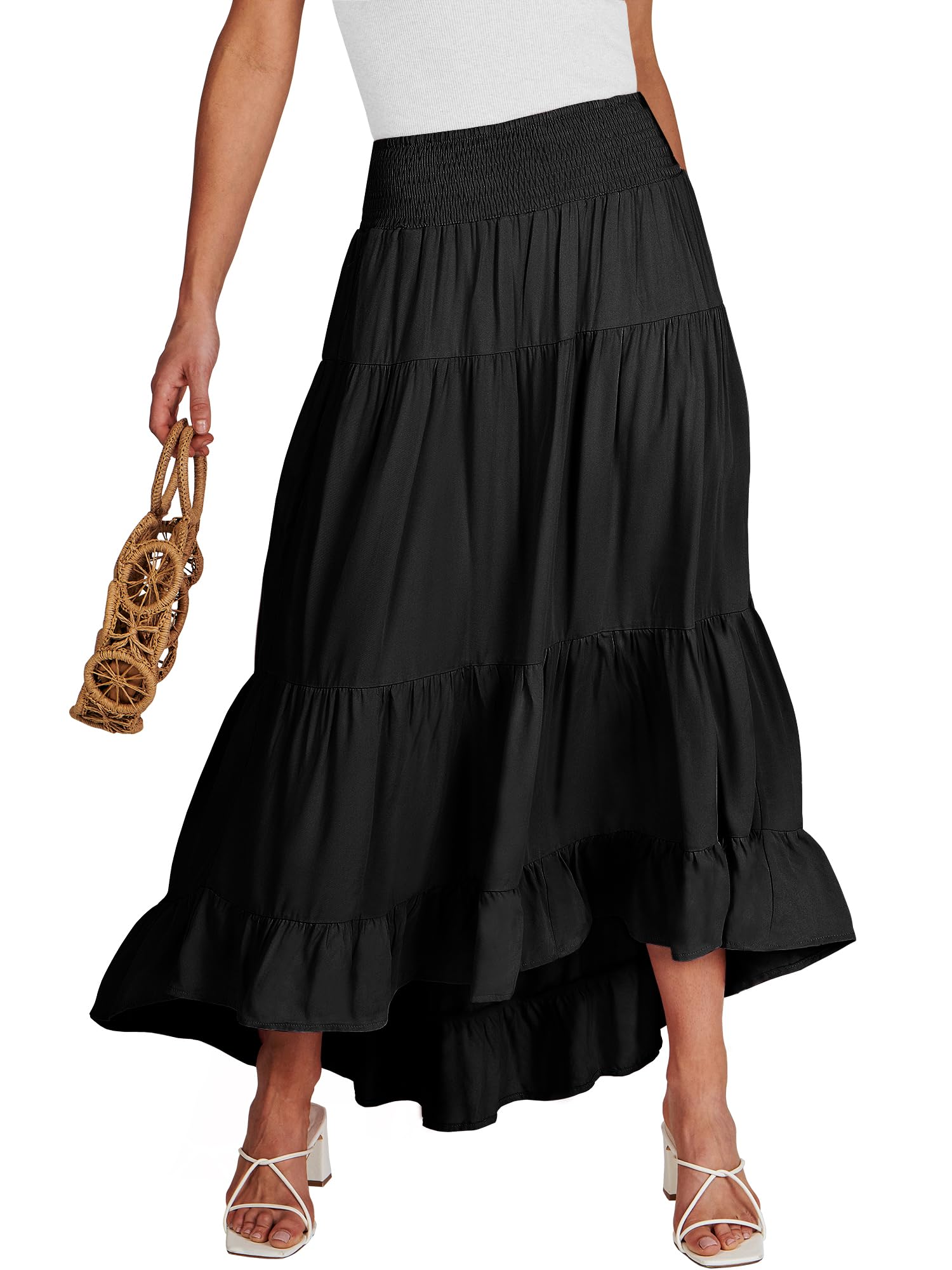 ANRABESS Women Summer Maxi Skirt Elastic High Waist Flowy Boho Casual Tiered Aline Long Beach Skirts 2025 Trendy Outfits