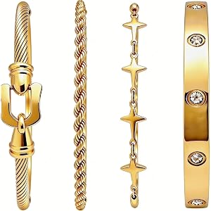 4PCS 18K Gold Plated NonTarnish Stackable Love Bracelets for Women | Dainty Waterproof Hypoallergenic Gold Bangles, Sparkling