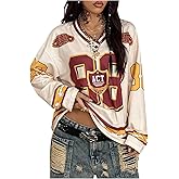 GORGLITTER Women's Oversized Jersey Shirts Y2k Clothes Number Letter Graphic Long Sleeve V Neck Top Aesthetic Streetwear