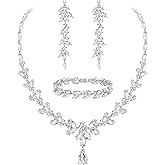 EVER FAITH Austrian Crystal Bridal Bridesmaid Jewelry Sets, Elegant Marquise Rhinestone Leaf Necklace Dangle Earrings Tennis Bracelet Set for Women