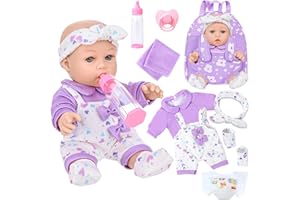 UZIDBTO 12" Baby Doll with Flower Pattern Backpack Carrier,12 Inch Realistic Baby Dolls with Clothes and Accessories Hanky Pacifier Bottle Diaper Toy Pretend Play Collection for 3+ Child Girls Gifts