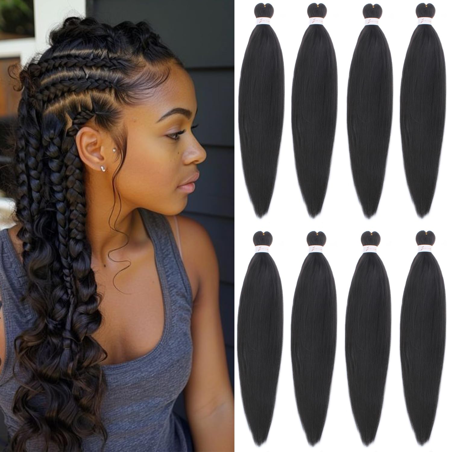 Mscat 16 Inch 8 Packs Pre Stretched Braiding Hair Black Pre Stretched Braiding Professional Synthetic Prestretched Crochet Braids Hair Extension Hot Water Setting Yaki Texture (2#)