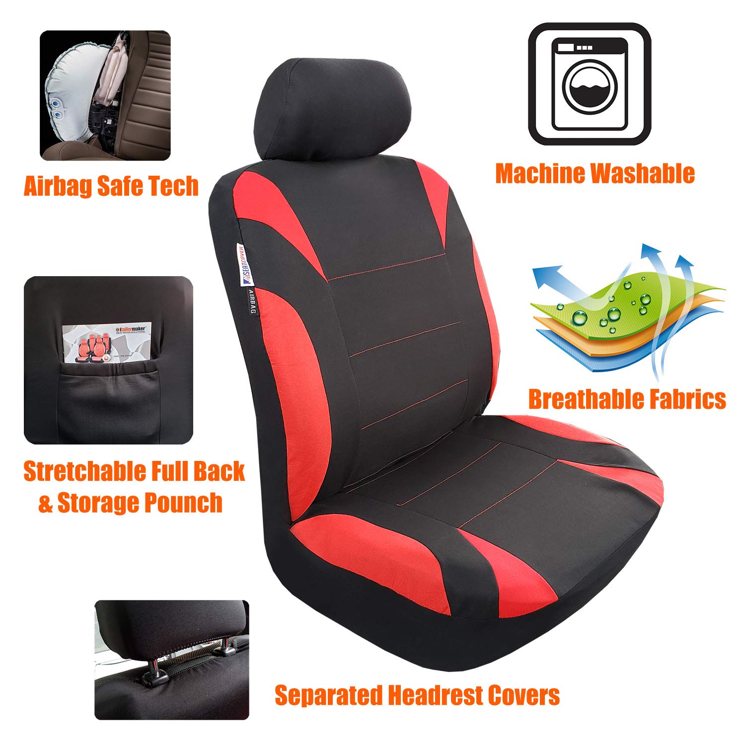 Full Coverage Car Seat Covers, Full Set Seat Covers of 5 Detachable Headrests and Solid Bench, Universal Auto Seat Protector Fit Most Car, Truck, SUV, or Van, Non Slip, Airbag & Split Ready, Black&Red