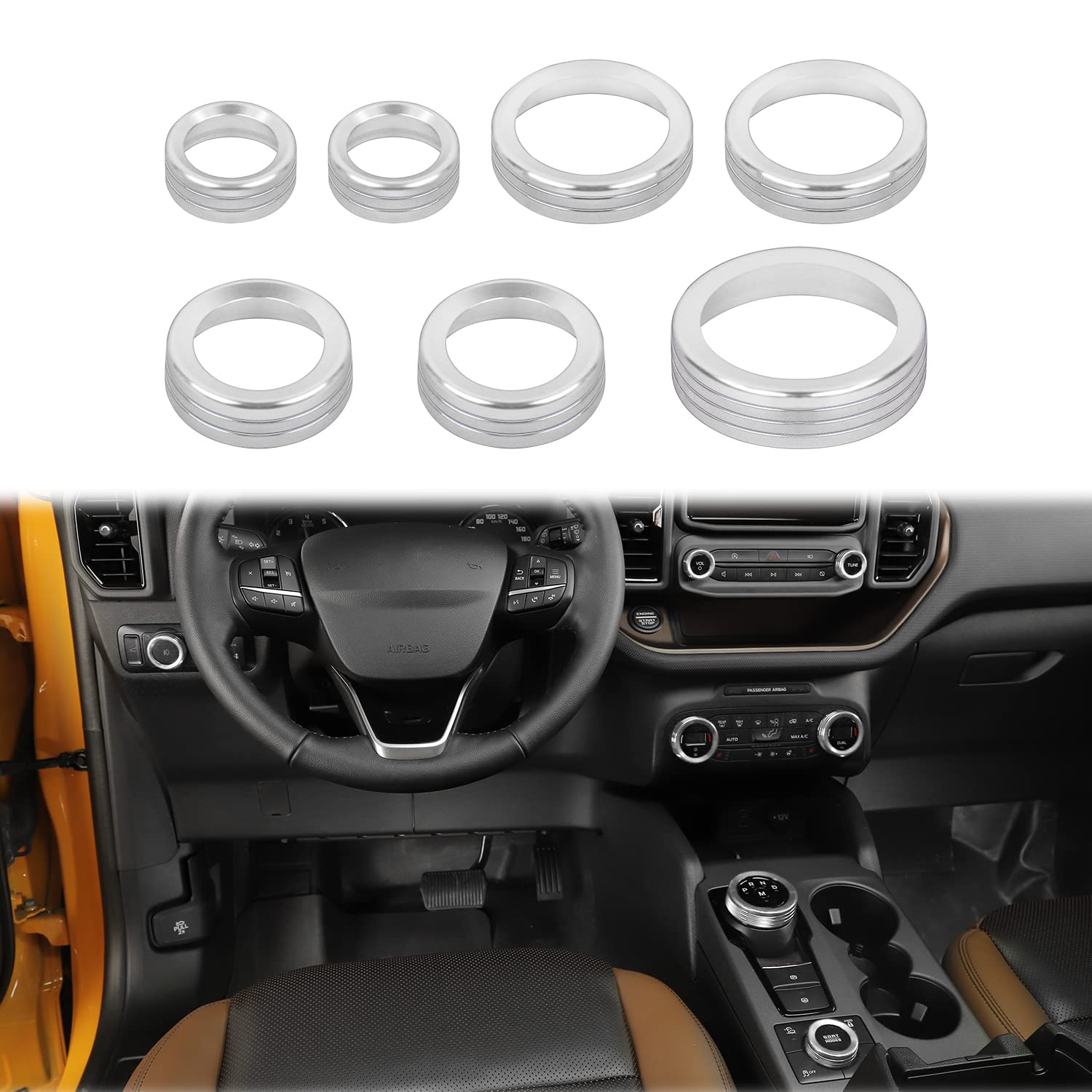 JWWY Air Conditioner Headlight Switch Knob 4WD Wheel Drive Trailer Gear Shift Switch Knob Cover for 2021-2025+ Ford Bronco Sport Accessories Aluminum Alloy 7PCS Silver（Don't fit Bronco） Image