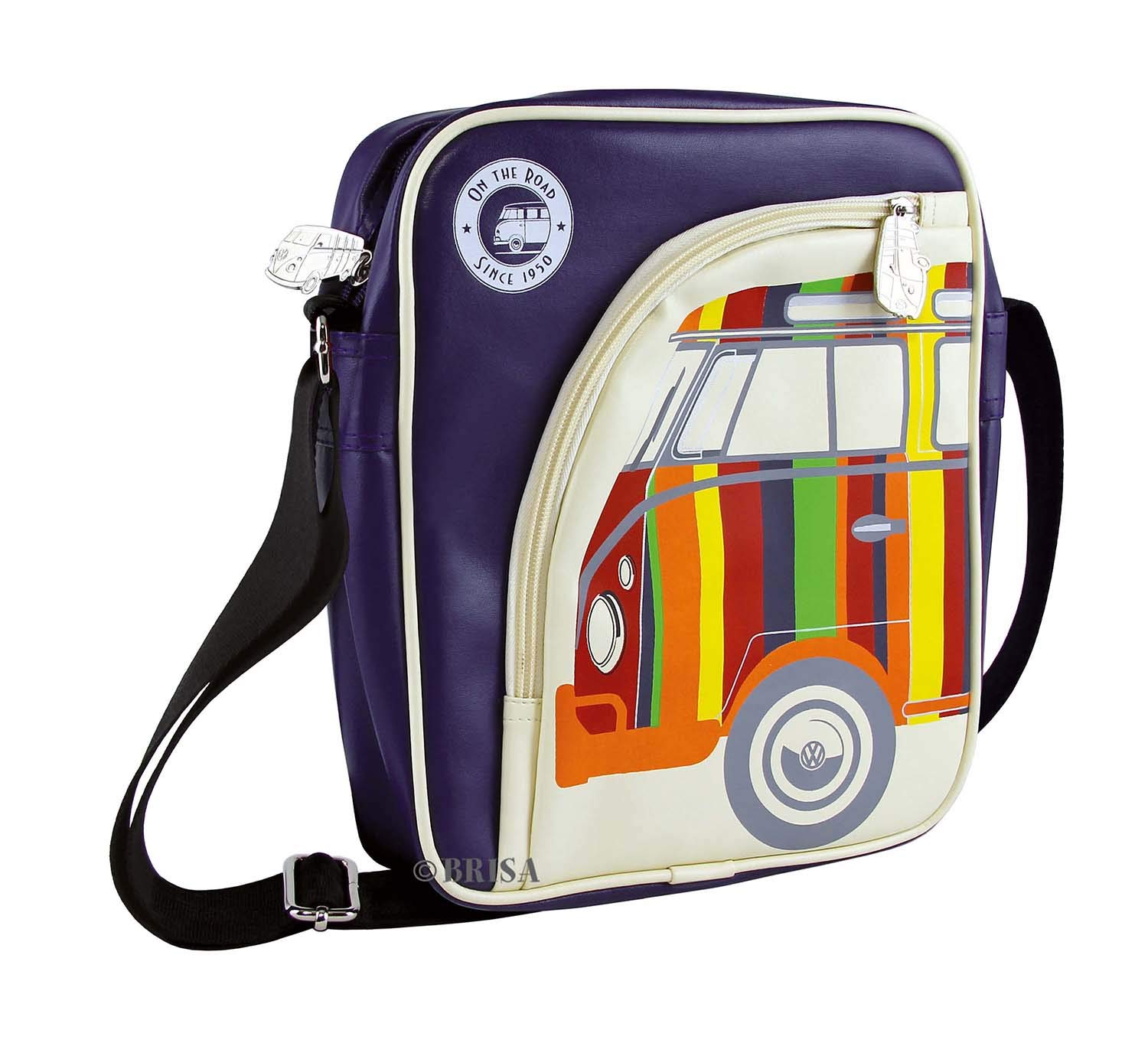 BRISA VW Collection - Volkswagen Retro/Vintage Shoulder Tablet Messenger Travel Bag made of Faux Leather with T1 Bus Campervan Motif (Purple/Colorful Stripes)
