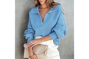 Collared V-Neck Waffle Knit Pullover Sweater for Women Long Sleeve Loose Fit