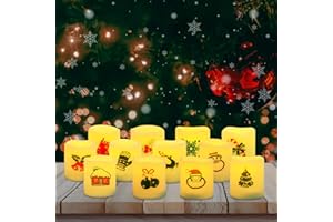 7LinRay 12 Pack Christmas Flameless Votive Candles, Battery Operated Flickering LED Tealight Candles with Santa,Tree, House Decals for Christmas Home Decoration, Long Lasting, 1.5" X 1.7"