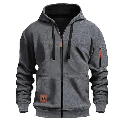 Hoodies for Men UK Zip Up Full Zipper Adjustable Hooded Sweatshirts with Arm Pocket Long Sleeves Kangaroo Pockets Ribbed Cuff Cardigans Casual Autumn Winter Warm Tops for Walking Sport Workwear