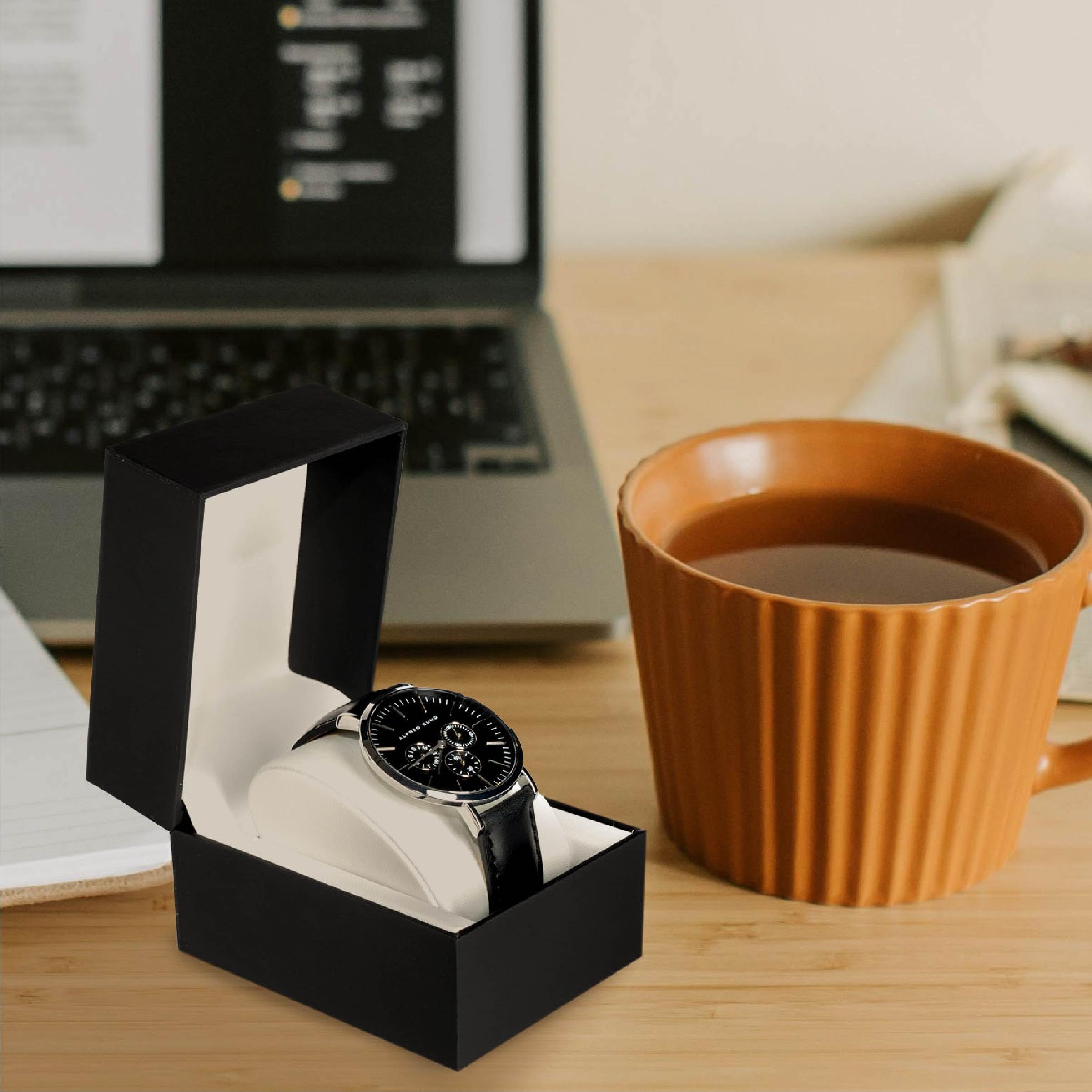 Prestige & Fancy Premium Black Watch Gift Box with Pillow – Single Watch case Storage Box PU Wristwatch Display Case Organizer for men and women for Christmas, Birthdays, Anniversary (Black)