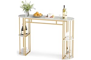 COSTWAY Bar Table, 60-Inch Long Pub Rectangular High Top Pub Table with 4 Storage Shelves and Faux Marble Tabletop, Bar Heigh