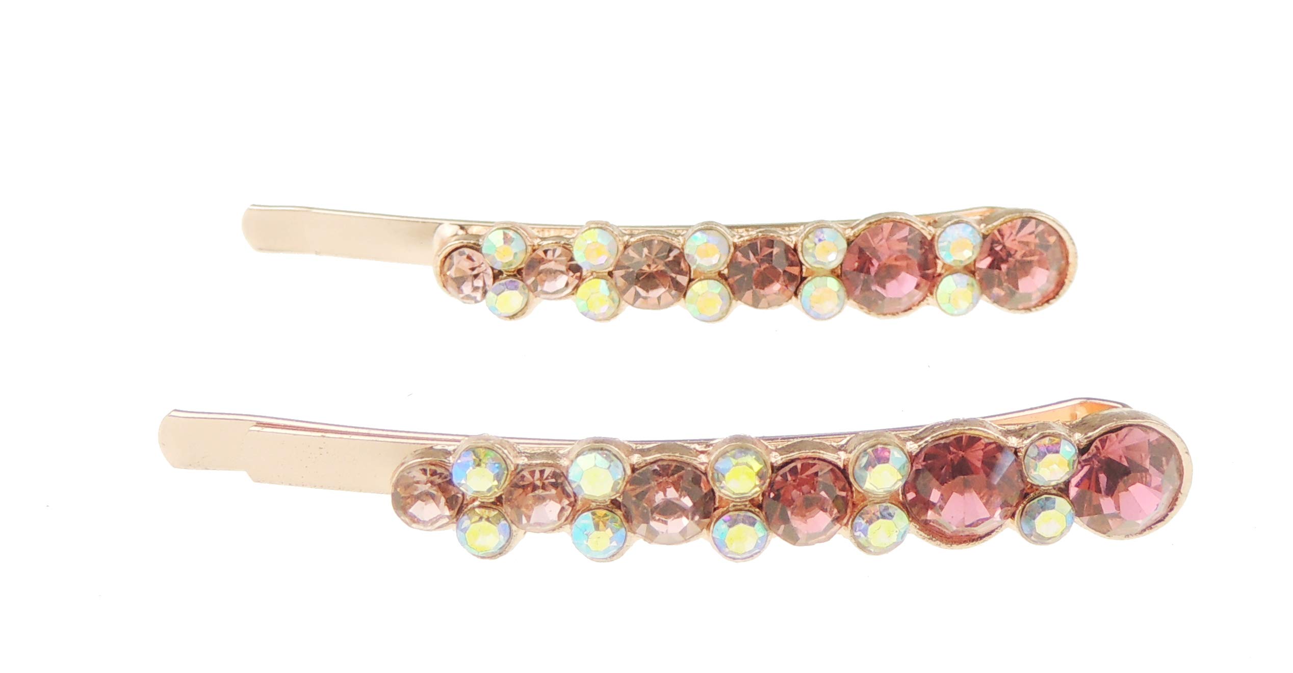 Womens Gold Tone Sparkly Bow Rhinestone Stones Jeweled Crystal Diamante Party Birthday Christmas Bridal Wedding Slides Hairpin Hair Clips Grips Bobby Pins Set of 2 Circle Polka Dot ((Pink)