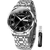Taxau Men’s Dress Watches Waterproof Analog Quartz Watch with Day Date Stainless Steel Band Luxury Large Arabic Numerals Classic Luminous Hands Easy Read, Hidden Butterfly Clasp Relojes para Hombres