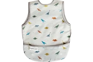 Tiny Twinkle Short Sleeve Apron Baby & Toddler Bib for Boys – Waterproof, Mess-Proof Bibs for Eating & Feeding, Machine Washable, Perfect Holiday Gift (Dinosaur, 6–24M)