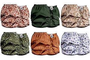 Mama Koala 2.0 Cloth Diapers for Babies with AWJ Lining, 6 Pack with 6 Bamboo Cloth Diaper Inserts - Reusable and Washable Pocket Diapers(Neutral Leave)