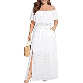 Pinup Fashion Women Plus Size Summer Dresses - Off The Shoulder Wedding Guest Eyelet Casual Maxi Dress Pockets
