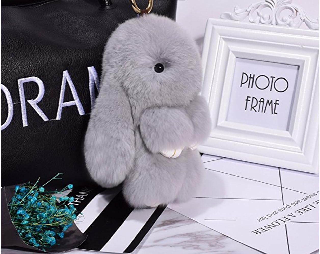 Bestowal Soft Fluffy Faux Fur Rabbit Doll Keychain Pendant (18cm, Light Grey) - Image 5