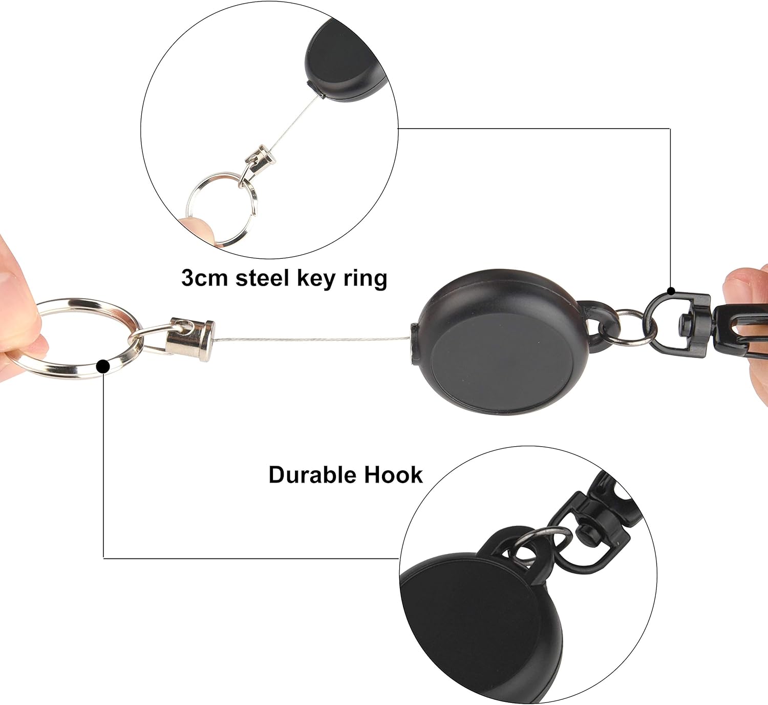 TUPARKA 10 Pcs Heavy Duty Retractable Key Chain Badge Reel Clips with 60cm/ 23.6 Inches Steel Wire Rope,Black - Image 4