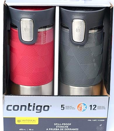 Contigo Autoseal Reisebecher, Edelstahl, auslaufsicher, 473 ml, Pinot Noir & Grau, 2 Stück