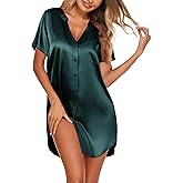 Ekouaer Women's Satin Nightshirt Button Down Sleepshirt Silk Short Sleeve Nightgown V Neck Sleepwear Night Shirts