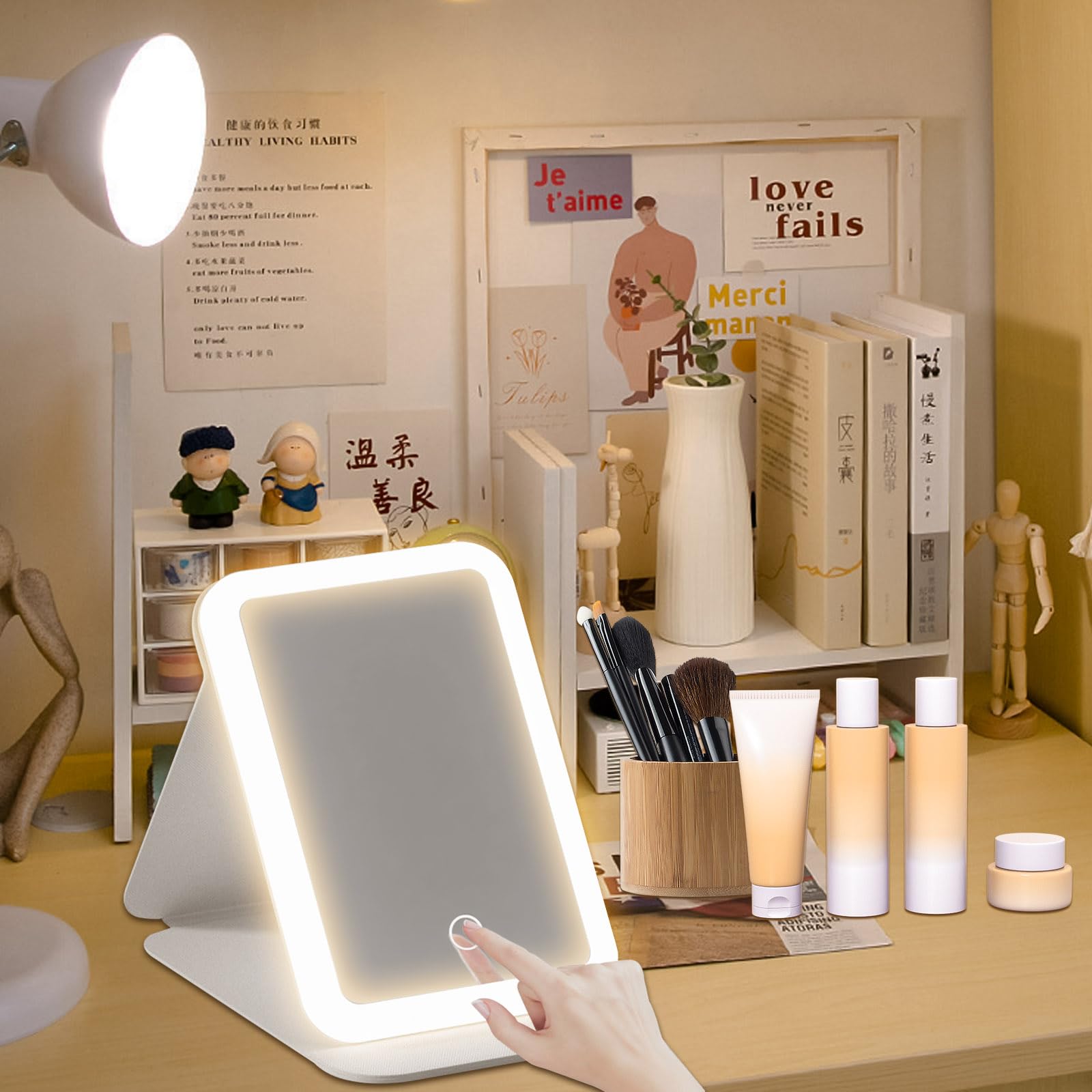 FYKERO Portable LED Makeup Mirror with USB, Light Up Mirror with 3 Color Lighting & Dimmable Touch Screen, Suitable for Travel, Bedroom