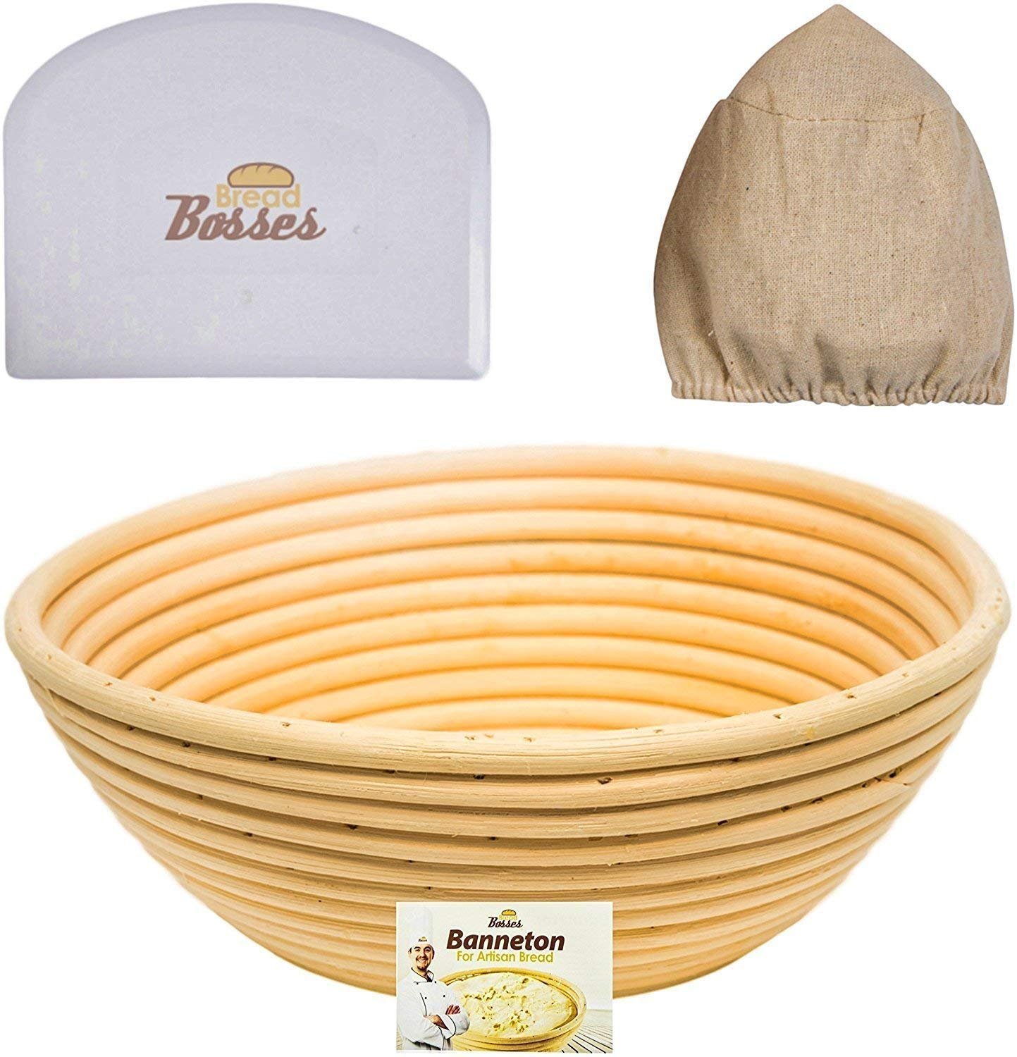 9 inch Banneton Proofing Basket Set - for Professional & Home Bakers (Sourdough Recipe) Bowl Scraper & Brotform Cloth Liner for Rising Round Crispy Crust Baked Bread Making Dough Shape Loaf Boules