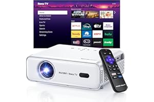 Aurzen Roku TV Smart Projector with Wifi and Bluetooth, Roku Streaming Experience Built-in, 1080P FHD, Dolby Audio, Auto Focus & Keystone, Zoom, Movie Portable Outdoor Mini Projector, White