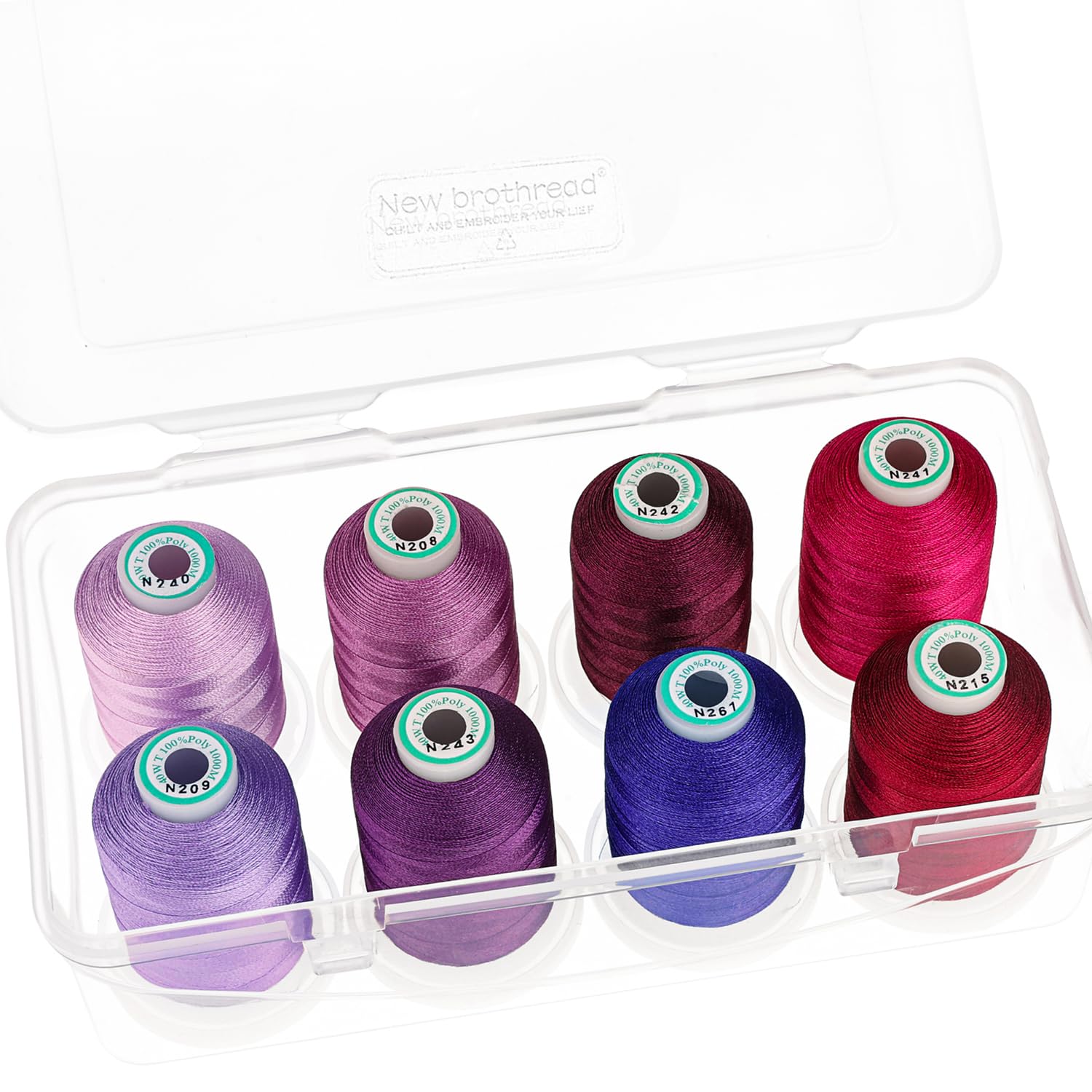 New brothread - 15 Options - 8 Snap Spools of 1000m Each Polyester Machine Embroidery Thread with Clear Plastic Storage Box for Embroidery & Quilting - Different Purple