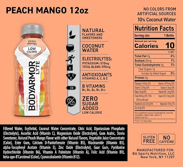 BODYARMOR LYTE, PEACH MANGO, ELECTROLYTE DRINK, 15 CALORIES, 12 FL OZ BOTTLES (8 PACK), COCONUT WATER SPORTS DRINK, NATURAL FLAVOR & B VITAMINS