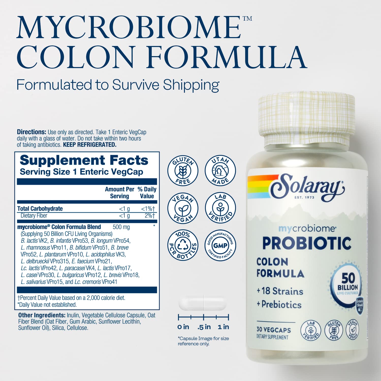 SOLARAY Mycrobiome Probiotic Colon Formula, Vegan, Digestive Function, Colon Health, and Immune System Support, 50 Billion CFU, 18 Strains, Prebiotic Inulin, 60-Day Guarantee, 30 Servings, 30 VegCaps