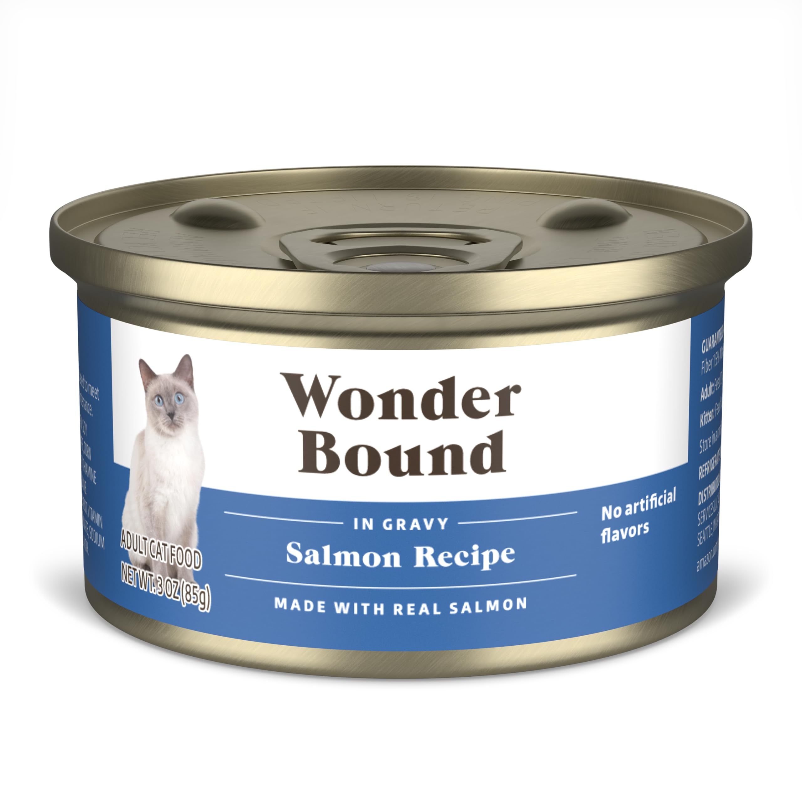 Photo 1 of ***EXPIRATION:9/28/28*** Amazon Brand - Wonder Bound Canned Wet Cat Food (Salmon Recipe in Gravy), No Artificial Flavors, Adult Recipe, 3 Ounce (Pack of 24)