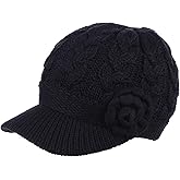 Womens Winter Elegant Cable Flower Knitted Newsboy Cabbie Cap Beret Beanie Hat with Visor, Warm Plush Fleece Lined