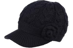 BE YOUR OWN STYLE Womens Winter Elegant Cable Flower Knitted Newsboy Cabbie Cap Beret Beanie Hat with Visor, Warm Plush Fleece Lined