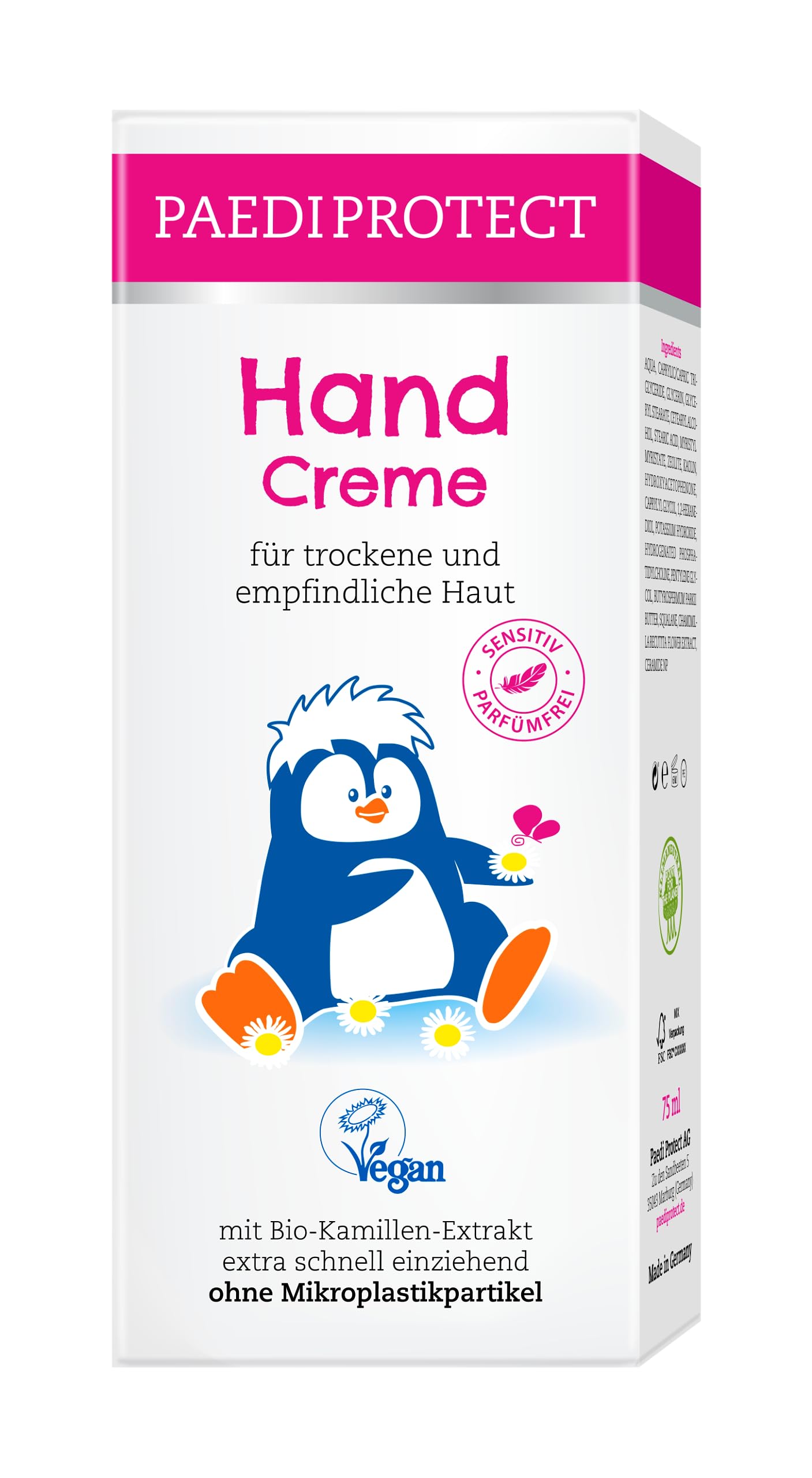PAEDIPROTECT Hand Cream 75 ml with Organic Chamomile Extract, Hand Cream for Very Dry & Cracked Hands, Hand Cream Quickly Absorbs Vegan Hand Cream Supportive for Neurodermatitis, Fragrance Free