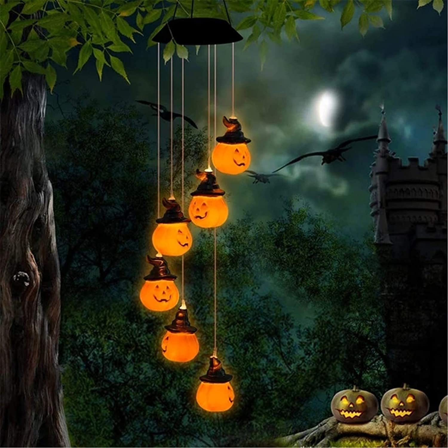 Rairsky Solar Wind Chimes Light, Waterproof Solar Halloween Pumpkin Wind Chime, Led Pumpkin Wind Chimes Solar Halloween Pumpkin Lights for Halloween,Garden,Yard