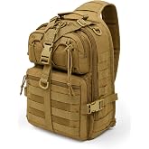 Hxcizdivn Tan Tactical Sling Bag Pack, Multi Pockets &amp; Molle Webbing | Water &amp; scratch resistant nylon sling bag, multi pockets, dual-shoulder, molle webbing for outdoor edc use