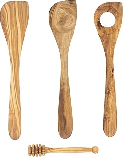 OneWess Premium Kochbesteck aus Olivenholz 4 teilig, Küchenhelfer Set, Küchenset aus Holz bestehend aus Kochlöffel, Pfannenwender, Honiglöffel