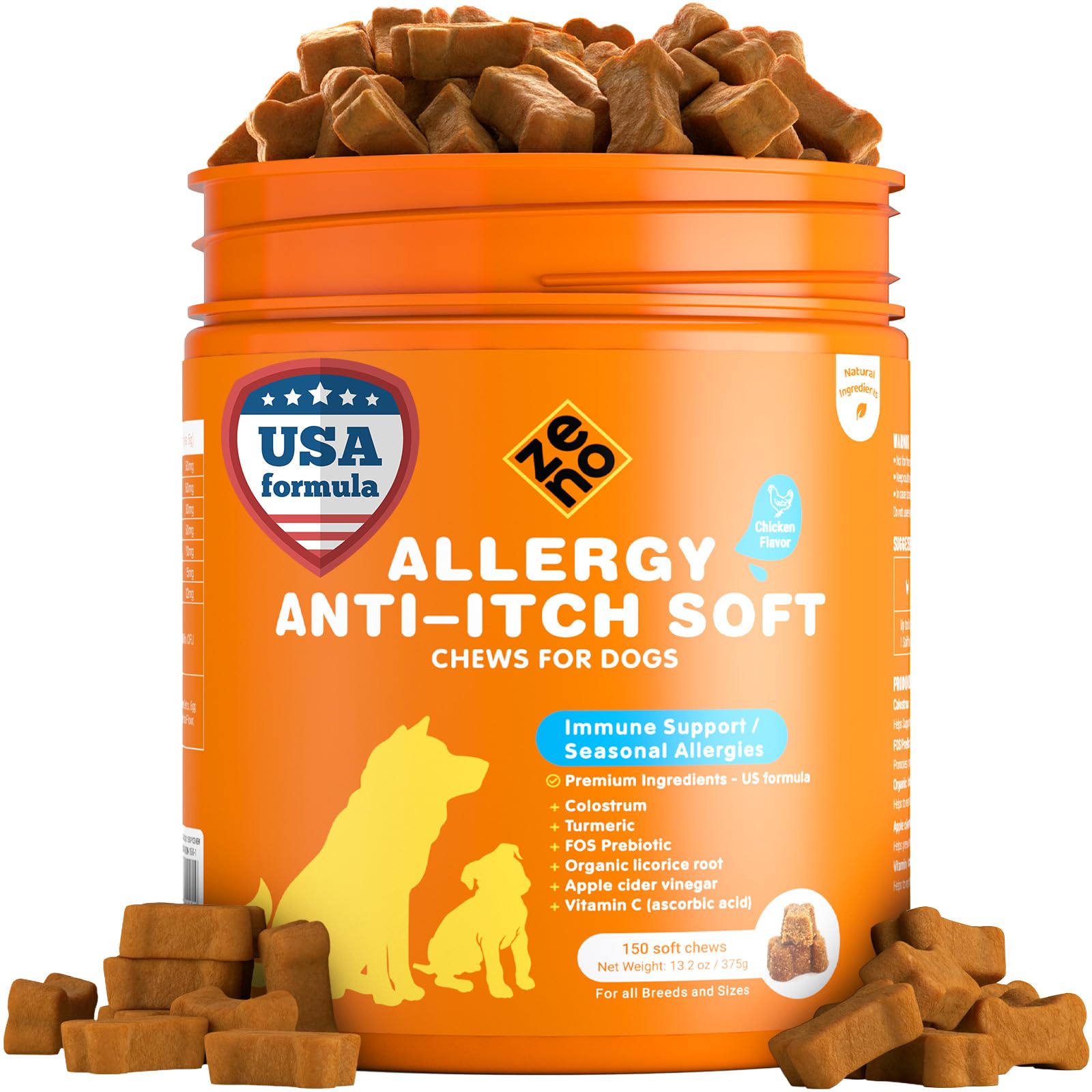 ZENO Dog Allergy Chews 150Pcs - Dog Supplements for Itchy Skin and Paw Licking - Allergy Relief - US Formula with Probiotics, Natural Ingredients & Vitamins - Chicken