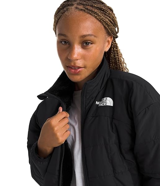 THE NORTH FACE GIRLS REVERSIBLE SHASTA FULL ZIP JACKET | KIDS’ PUFFER COAT WITH SYNTHETIC INSULATION, FLEECE LINING & WATER-REPELLENT FINISH, TNF BLACK, X-LARGE